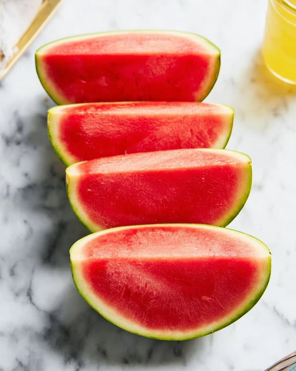 The image shows four watermelon halves placed side by side on a white marbled surface. Each watermelon half displays a vibrant red flesh, smooth and juicy in appearance, with a thin green rind surrounding the red center. The watermelons are neatly cut lengthwise, revealing the symmetrical shape and the subtle texture of the red fruit inside. The background is clean and bright, enhancing the fresh look of the watermelon halves. In the top right corner, a small part of a yellow jar or container is slightly visible. photo taken with an iphone --ar 4:5 --v 7