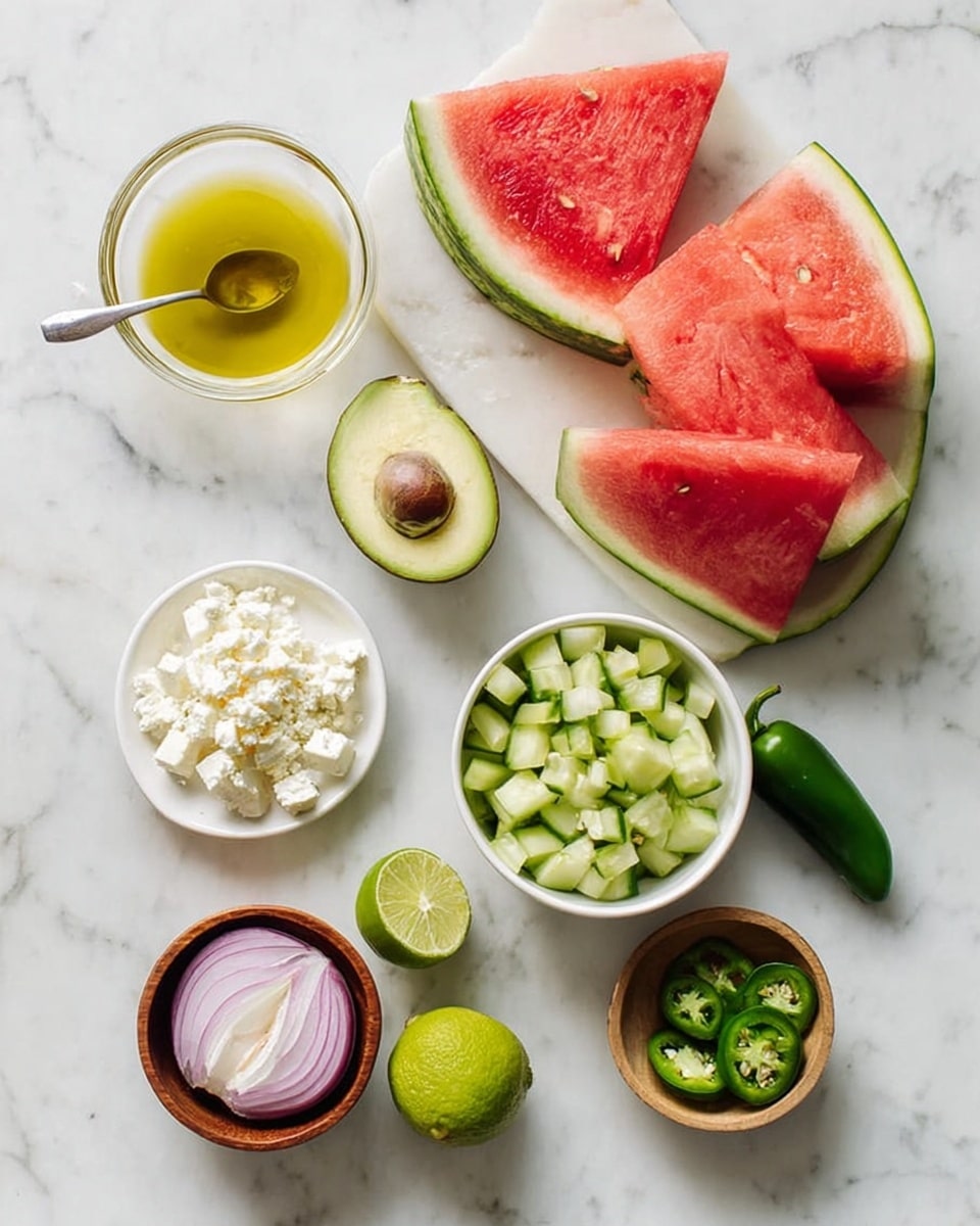 The image shows fresh ingredients arranged on a white marbled surface. There are two large slices of bright red watermelon with green rinds placed near the top right. Below them is a small white bowl filled with chopped green cucumber pieces. To the left is a halved avocado showing its light green inside and brown seed. In the center, a small white plate holds crumbly white cheese. Next to it is a glass bowl with yellow olive oil and a silver spoon inside. Below the bowl are lime pieces, one whole and two halves with their green skin and juicy inside. Near the bottom left is half a red onion with layers showing, and next to it is a small wooden bowl with sliced green jalapeño peppers. A whole jalapeño rests nearby. The photo taken with an iphone --ar 4:5 --v 7