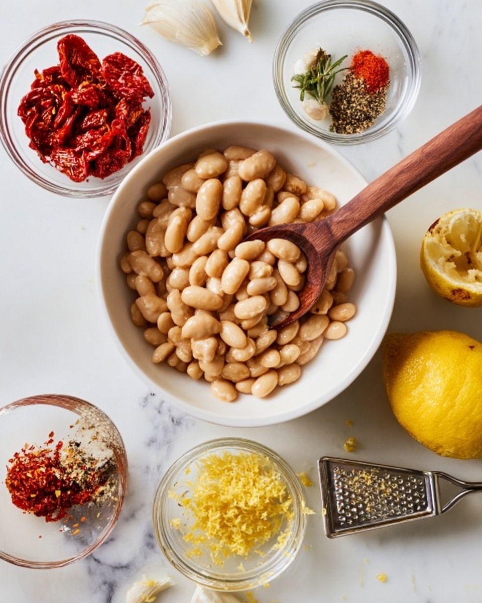 A white bowl filled with light beige beans sits at the center, with a wooden spoon resting inside, partially stirring the beans. Around the bowl on a white marbled surface are small clear glass bowls containing different ingredients: bright red dried tomatoes soaking in liquid, a squeezed lemon half with a wooden reamer, finely chopped garlic, black pepper, and crushed chili flakes. Next to the lemon is a metallic grater with fresh yellow lemon zest on it. The overall colors are soft beige, bright red, yellow, black, and white, all placed on a smooth white marbled background. Photo taken with an iphone --ar 4:5 --v 7