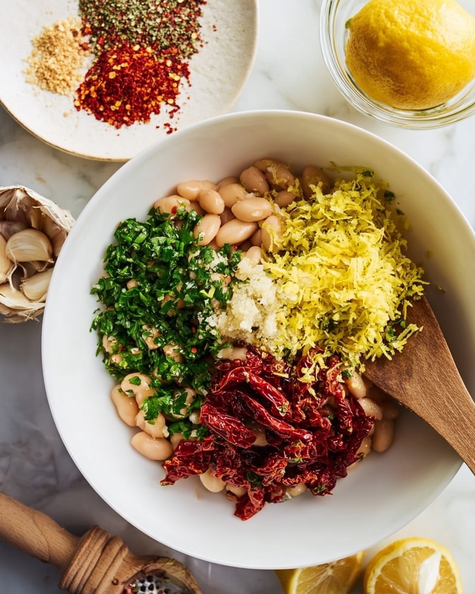 A white bowl sits on a white marbled surface filled with four main layers: soft beige beans on the bottom, finely chopped bright green herbs to the front, chopped sun-dried tomatoes in deep red with some green flecks on the right, and a heap of finely grated yellow lemon zest on top near minced garlic that is off-white and slightly chunky. A wooden spoon with a smooth texture rests inside the bowl on the left side, partially mixing the ingredients. Nearby on the surface is a white plate holding crushed red pepper flakes and coarse pepper. To the upper right of the bowl, there is a glass cup holding a halved lemon with a wooden citrus reamer. The scene is brightly lit with natural light. Woman’s hand is not visible here. photo taken with an iphone --ar 4:5 --v 7