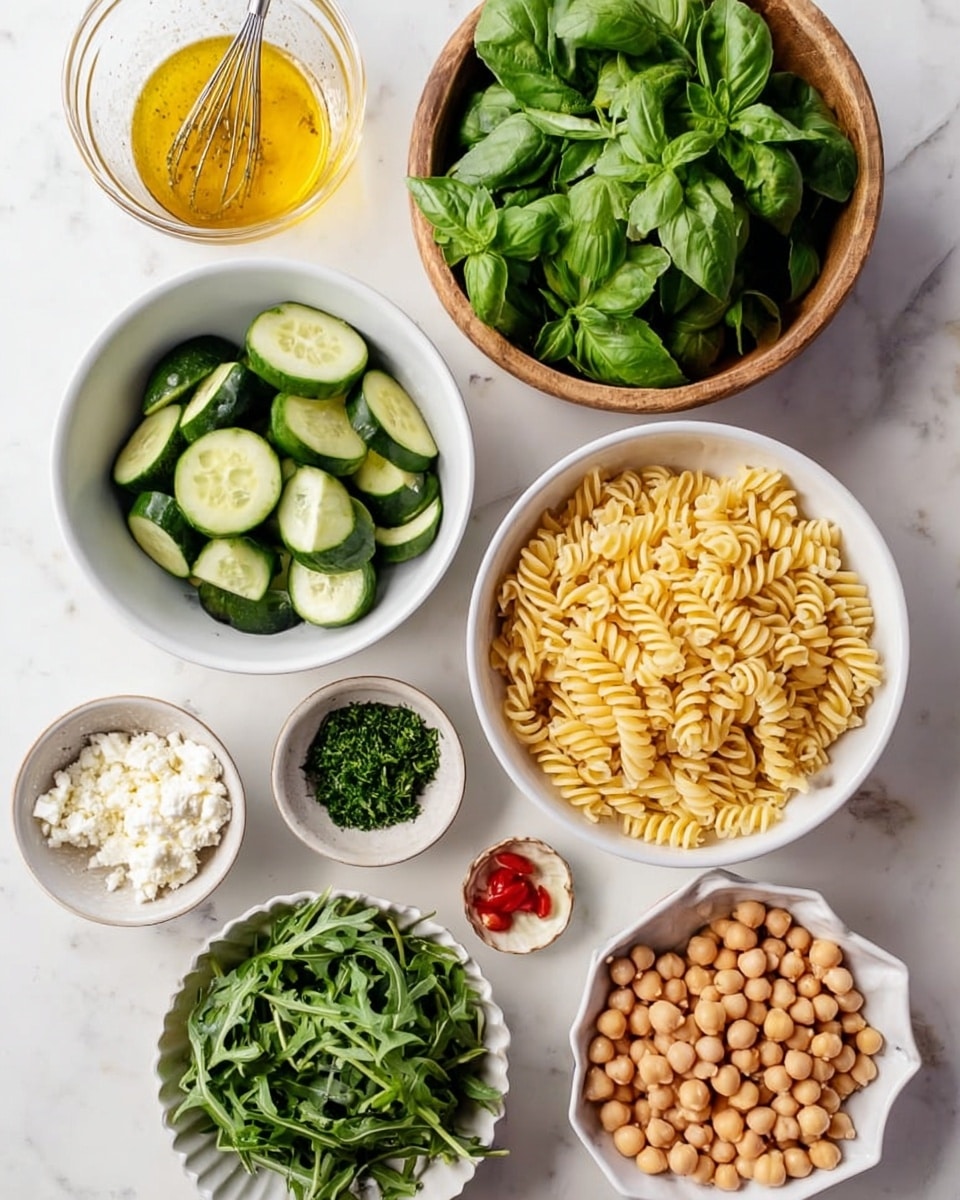 The image shows nine white bowls of different sizes arranged neatly on a white marbled surface. Starting from the top left, there is a small glass bowl with golden-yellow dressing and a whisk inside. Below it, a wooden bowl filled with fresh green basil leaves. To the right, a large white bowl filled with cooked spiral pasta in a light yellow color. Next to the pasta, a medium white bowl containing sliced cucumbers with dark green skin and light green flesh. Below the cucumber, a medium white bowl filled with tan-colored chickpeas. Center bottom left, a small white bowl with white crumbled cheese. To the left of that, a small bowl with finely chopped green herbs. Bottom center, a scalloped white bowl containing dark green arugula leaves. At the bottom right, a small white bowl with golden pine nuts. photo taken with an iphone --ar 4:5 --v 7