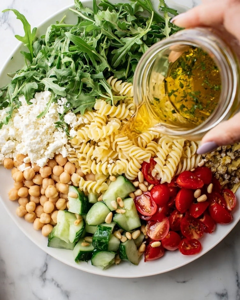 A large white plate holds a colorful pasta salad with six visible layers arranged side by side: fresh green arugula leaves on the top left, small white crumbled cheese next to it, light yellow spiral pasta in the center, dark green chopped cucumber slices below the pasta, beige chickpeas at the bottom left, and bright red cherry tomato halves with pine nuts above the chickpeas. A woman's hand is pouring a golden-yellow dressing with herbs from a clear glass jar over the salad. The plate sits on a white marbled surface. photo taken with an iphone --ar 4:5 --v 7