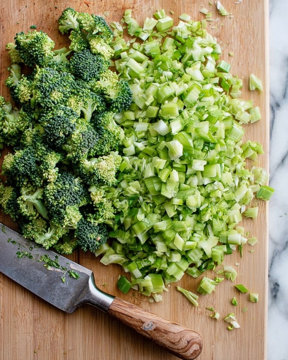 The image shows finely chopped broccoli florets piled on the right side, with small diced broccoli stems spread out on the left on a wooden cutting board. A silver knife with a wooden handle lies on the lower right corner, with tiny bits of broccoli around it. The fresh broccoli pieces showcase a mix of dark and light green colors with a rough textured look on the florets and smoother diced stems. The background is a white marbled texture. Photo taken with an iphone --ar 4:5 --v 7