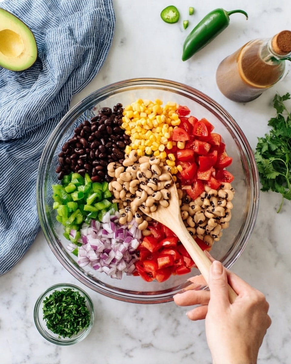 A clear glass bowl sits on a white marbled surface, filled with six separate layers of colorful chopped ingredients arranged in distinct sections: black beans (dark black), yellow corn (pale yellow), chopped red tomatoes (bright red), chopped green peppers (vibrant green), chopped red bell peppers (deep red), chopped red onions (light purple), and black-eyed peas (cream with black spots). A woman's hand holds the bowl from the bottom while another woman's hand stirs the contents gently with a light wooden spoon. Nearby are a whole avocado, a small glass bowl of chopped green herbs, a jalapeño, and a glass bottle of brown dressing. A blue and white striped cloth lays behind the bowl. Photo taken with an iphone --ar 4:5 --v 7