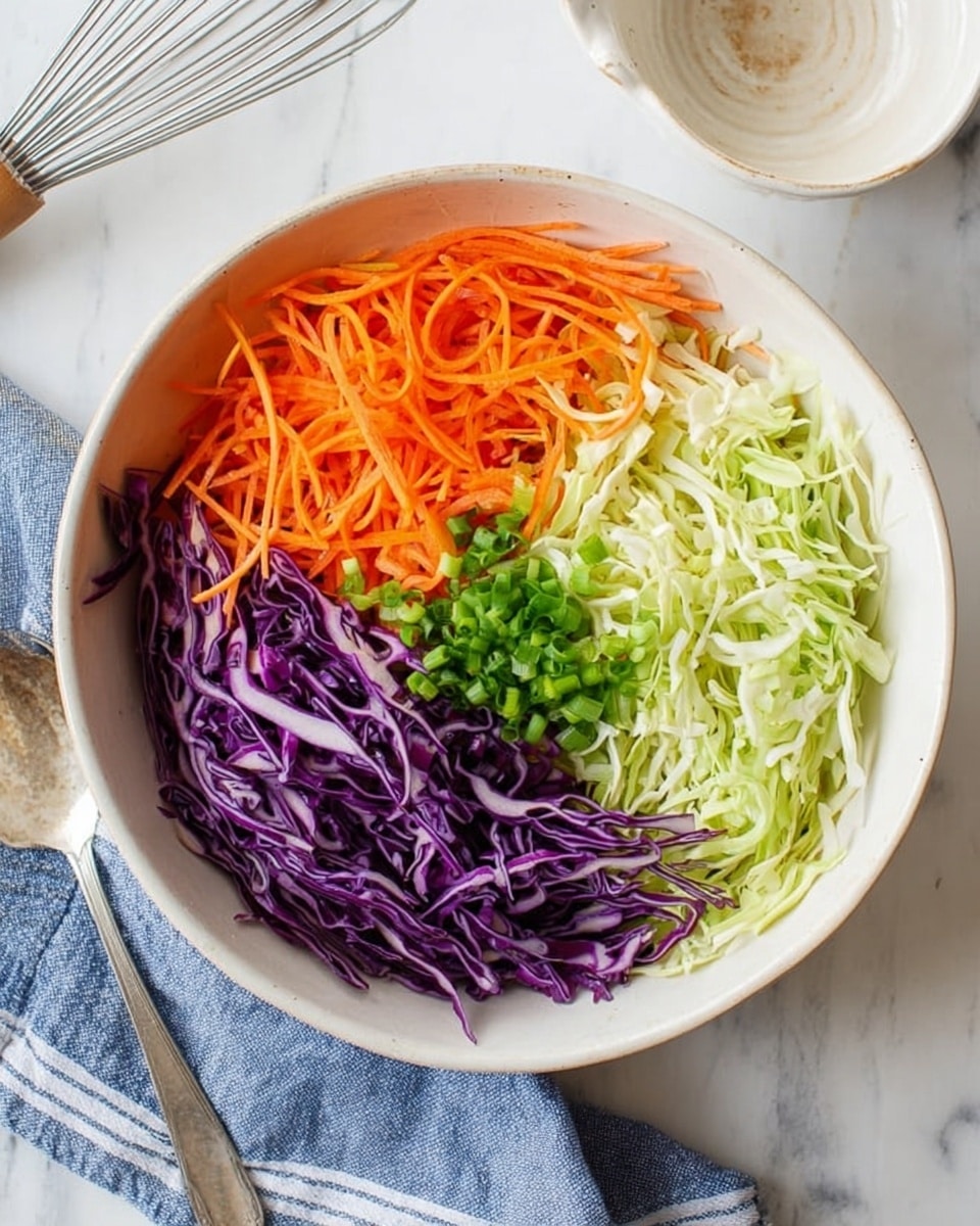 A white bowl filled with three main layers of vegetables arranged side by side: thinly sliced purple cabbage on the left, bright orange shredded carrots on the top right, and light green shredded cabbage on the bottom right. Small green chopped scallions are spread over the shredded cabbage area. The bowl sits on a white marbled surface with a blue and white cloth partially under it. At the top left edge of the image, there is a white bowl with a whisk inside. A silver spoon rests near the bottom left of the bowl. photo taken with an iphone --ar 4:5 --v 7