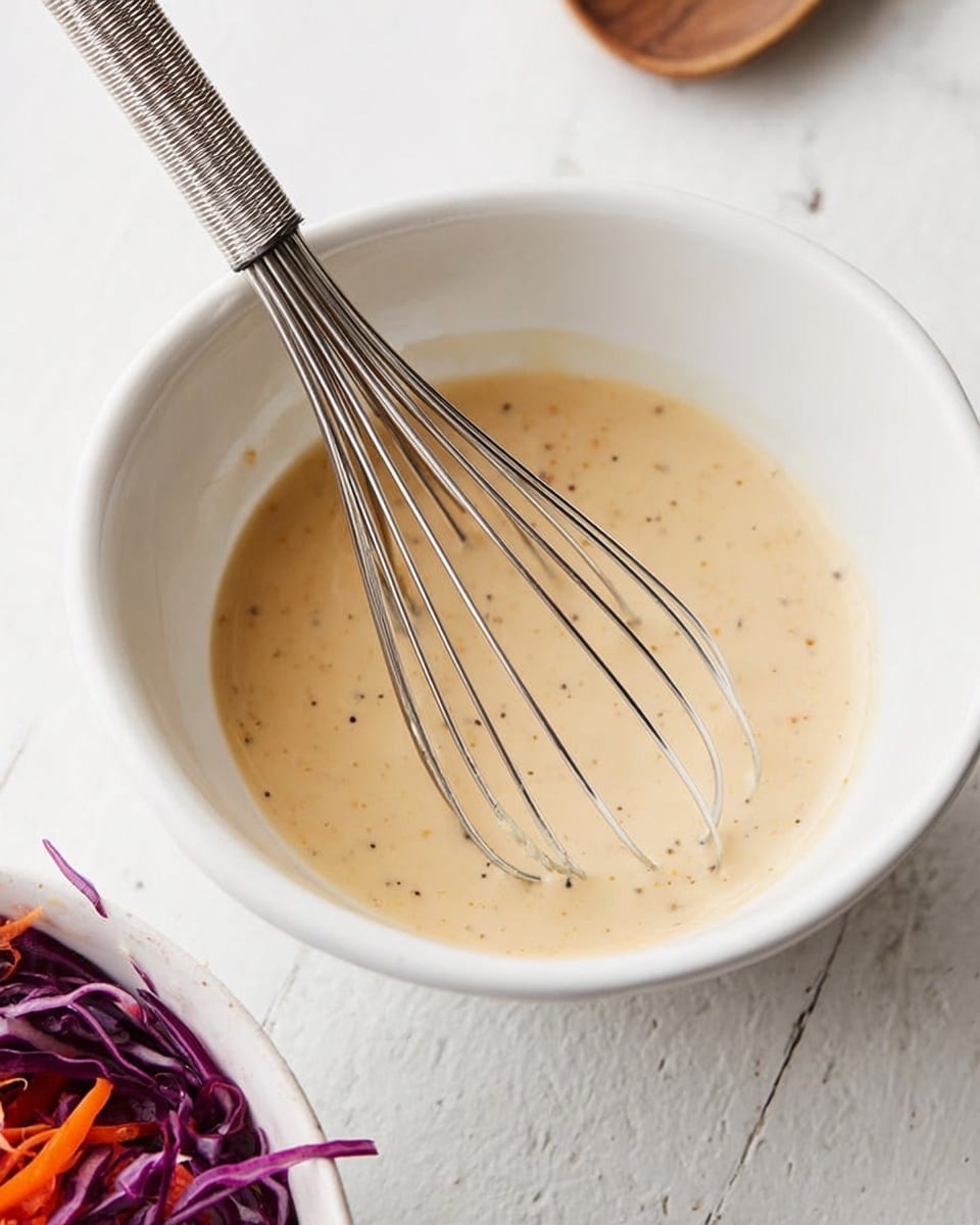 A white bowl filled with a smooth, light beige sauce or dressing, speckled with small black and brown flecks, sits on a white marbled surface. Inside the bowl, a silver whisk with thin metal wires is partially submerged in the sauce, the handle extending out of the bowl. In the bottom left corner of the image, part of a white bowl with shredded purple cabbage and orange carrot pieces is visible. photo taken with an iphone --ar 4:5 --v 7