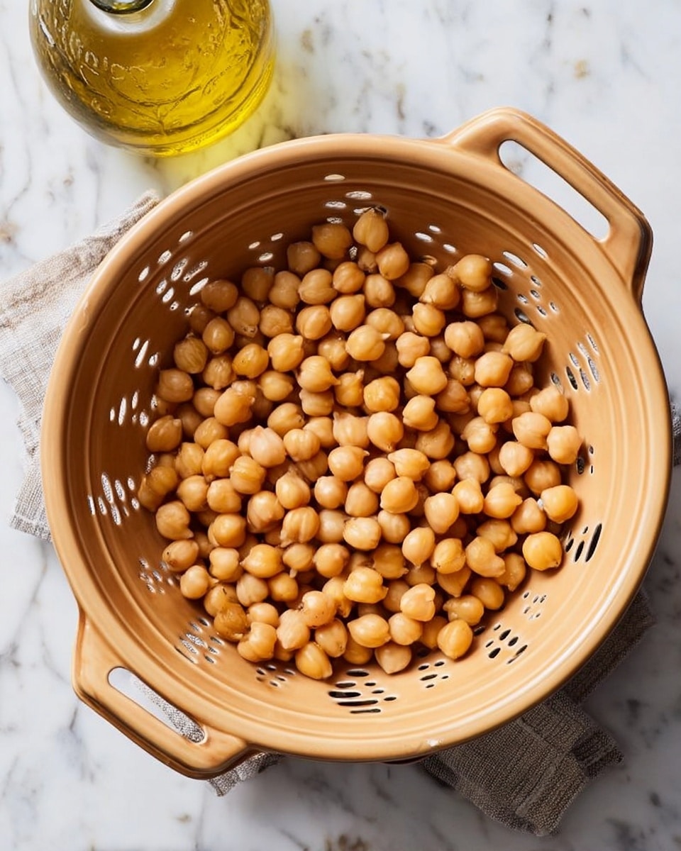 A tan-colored colander filled with round, light brown chickpeas takes up most of the image, resting on a white marbled surface. To the upper left, a small glass bottle filled with golden olive oil is partially visible. The colander has evenly spaced slits and small circular holes, with two handles for easy gripping, and the chickpeas inside are smooth and slightly shiny, showing their round texture. photo taken with an iphone --ar 4:5 --v 7