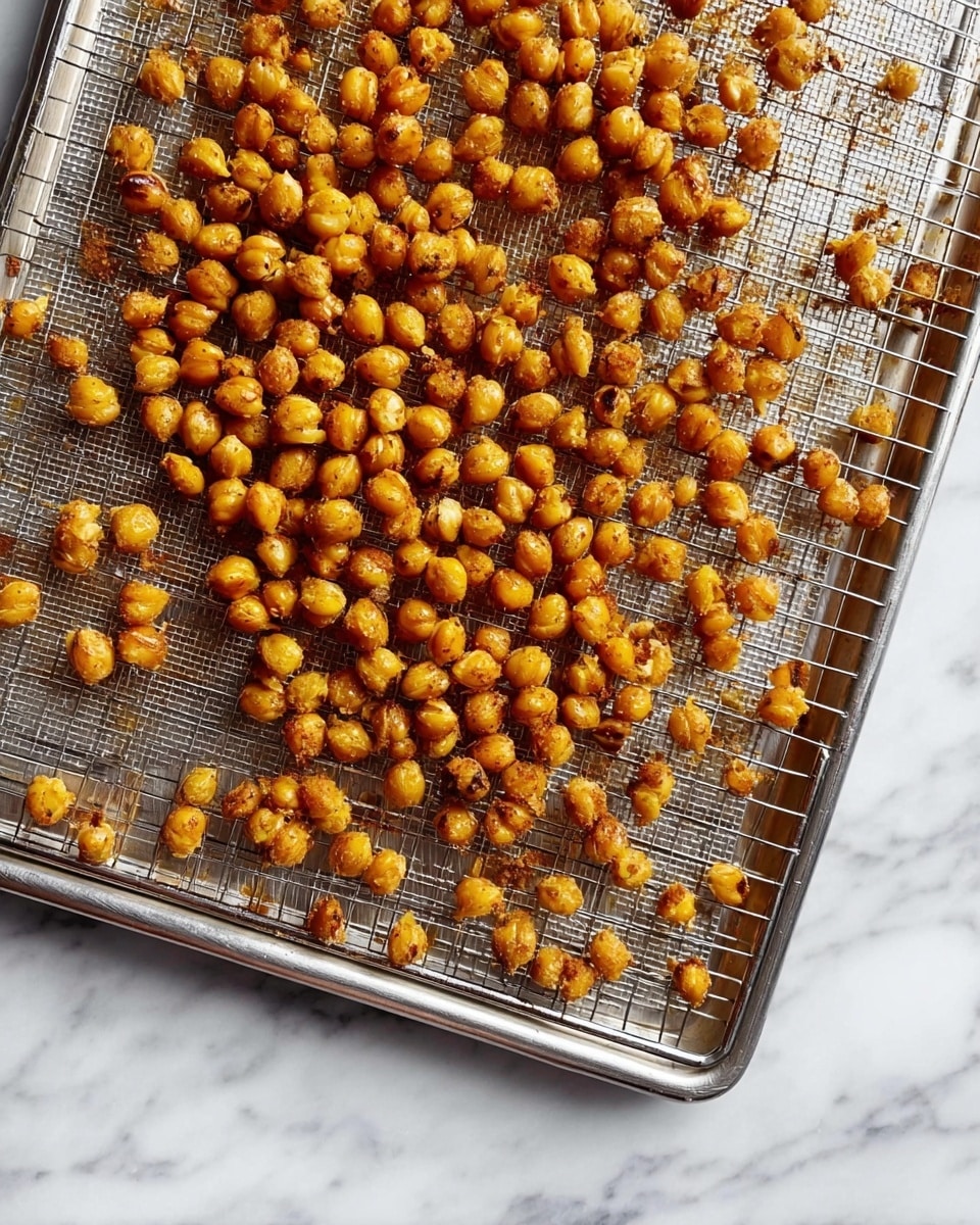 The image shows a large metal wire rack filled with small, golden-brown roasted chickpeas, spread unevenly across the surface. The chickpeas have a crispy texture with some slightly darker spots, indicating a well-toasted finish. The wire rack is placed on a white marbled surface, creating a clean and simple background that highlights the warm color of the chickpeas. photo taken with an iphone --ar 4:5 --v 7
