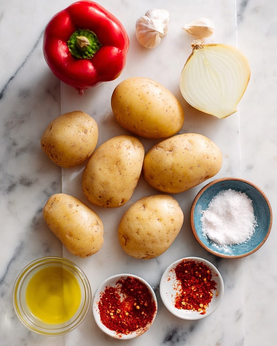 The image shows a white marbled surface with seven light brown potatoes arranged loosely in the center. A whole red bell pepper is positioned on the top left, and a single peeled garlic clove sits near the top right. Below the potatoes, there is a half onion with white and light yellow layers facing up. Three small bowls hold different ingredients: one with white salt, one with red paprika powder, and one with red chili flakes. A clear glass container with light yellow oil is visible on the lower left side. The scene is simple and bright, with all items neatly spread out, photo taken with an iphone --ar 4:5 --v 7