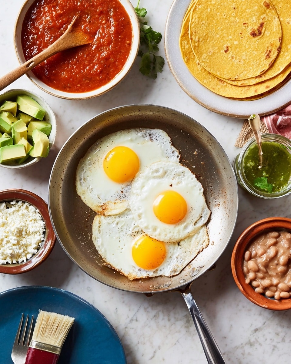 A metal pan holds three fried eggs with bright yellow yolks and white edges, slightly browned, positioned neatly inside the pan on a white marbled surface; nearby is a white bowl with red salsa or sauce with a small wooden spoon, a small white bowl with green avocado slices and white cheese, a white bowl filled with light brown refried beans, a white bowl with three flat yellow corn tortillas stacked, and a small glass jar with green sauce and a wooden brush resting inside. A blue plate with a fork and woman's hand is partially visible. The background is a white marbled texture. photo taken with an iphone --ar 4:5 --v 7