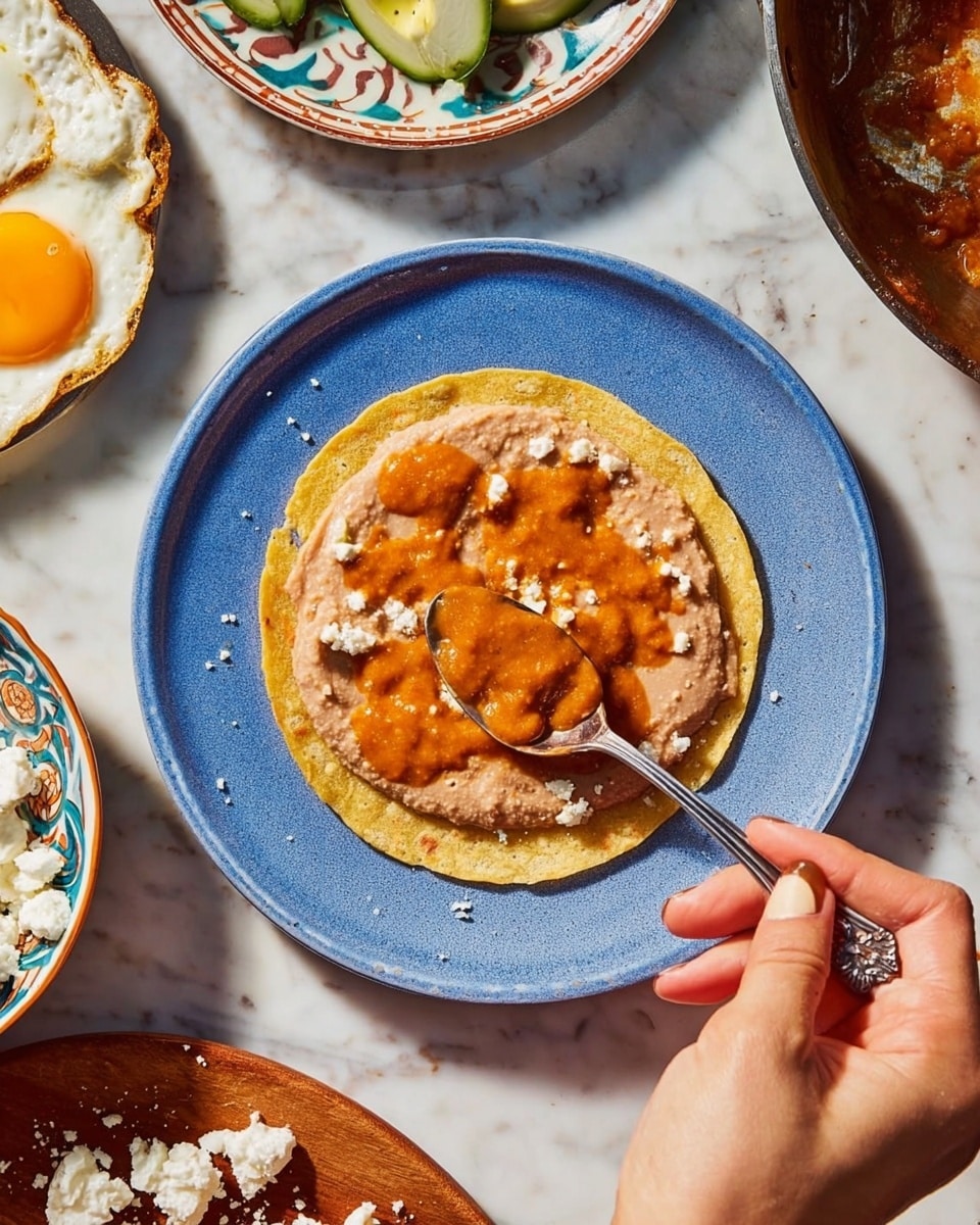 A white marbled surface holds a blue plate with a single yellow corn tortilla at the center. The tortilla is covered with a smooth layer of light brown refried beans, topped with dollops of reddish-orange sauce being spread by a spoon held in a woman's hand visible in the lower right corner. Surrounding the main plate are parts of other dishes including a metal pan with a fried egg, a bowl with white cheese and green slices, and a patterned plate with more beans. The overall setting is bright and simple, focusing on the tortilla with its soft layers. photo taken with an iphone --ar 4:5 --v 7