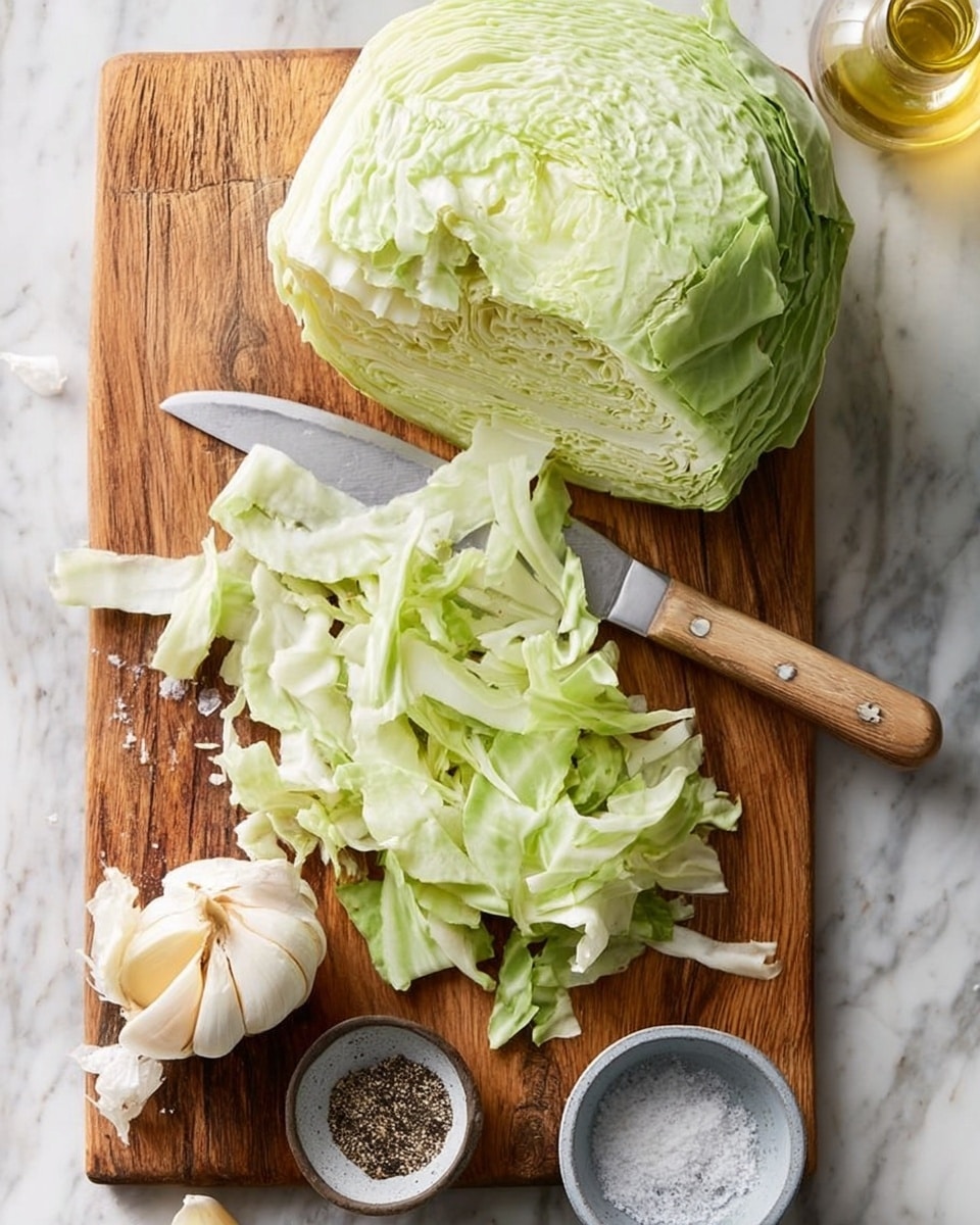 A wooden cutting board holds a fresh whole cabbage with its smooth light green leaves, partially sliced into thin light green strips placed next to it. A large silver knife with a wooden handle lies diagonally on the cutting board, its blade resting on the cabbage and strips. Below the cutting board on a white marbled surface, there is a peeled garlic bulb with some white papery skin around it, a small round grey bowl filled with coarse black pepper, a small grey bowl with coarse salt, and a glass bottle containing a light golden liquid, likely oil. photo taken with an iphone --ar 4:5 --v 7