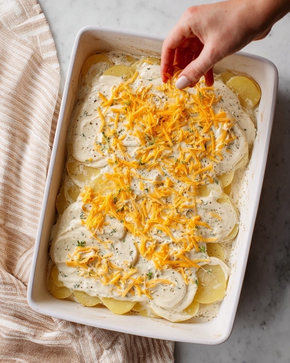The image shows a white rectangular baking dish filled with a layered potato casserole. The bottom layer consists of thin yellow potato slices arranged evenly. Over the potatoes there is a thick layer of creamy white sauce with herbs, spread smoothly but with some texture from the herbs and seasoning. On top of the sauce are thin white onion slices scattered across, partially covered by more white sauce. A woman's hand is sprinkling shredded bright orange cheese over the top, adding a pop of color and texture. The dish sits on a white marbled surface, with a beige and white striped cloth visible on the left side. photo taken with an iphone --ar 4:5 --v 7
