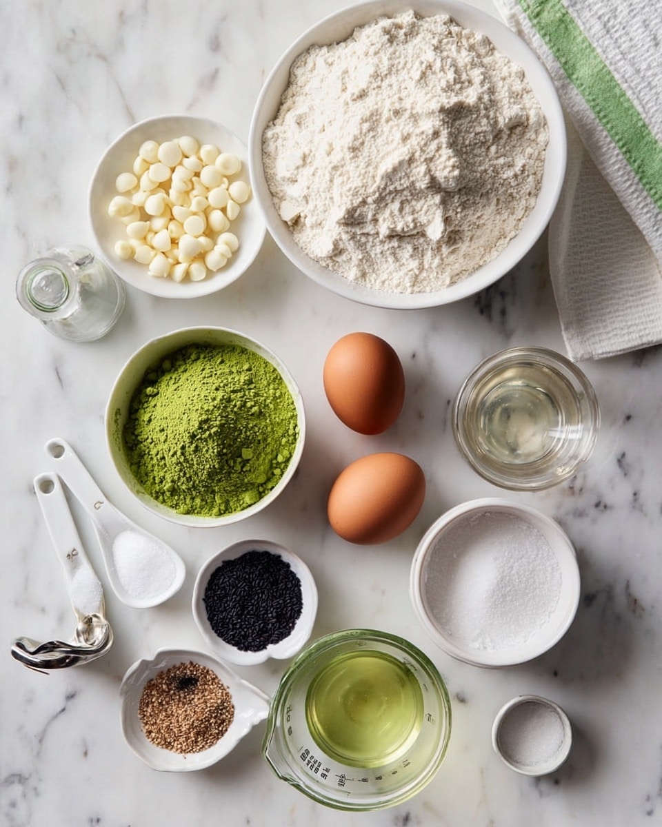 The image shows a white marbled surface with various baking ingredients neatly arranged. On the top, there is a large white bowl filled with flour. Below it, a small white bowl contains white chocolate chips, and next to it is a small clear glass bowl with bright green matcha powder. Two brown eggs rest beside these bowls. To the right of the eggs, there is a glass measuring cup filled with a clear liquid, likely oil, and a small white bowl with fine white sugar. On the left side of the image, a white plate holds a small glass bottle of vanilla, a white quarter cup measuring cup filled with brown sugar, and three small white spoons containing black sesame seeds, baking soda, and salt. The items are placed on a clean white marbled background with a white cloth towel with green edges folded at the top right. photo taken with an iphone --ar 4:5 --v 7