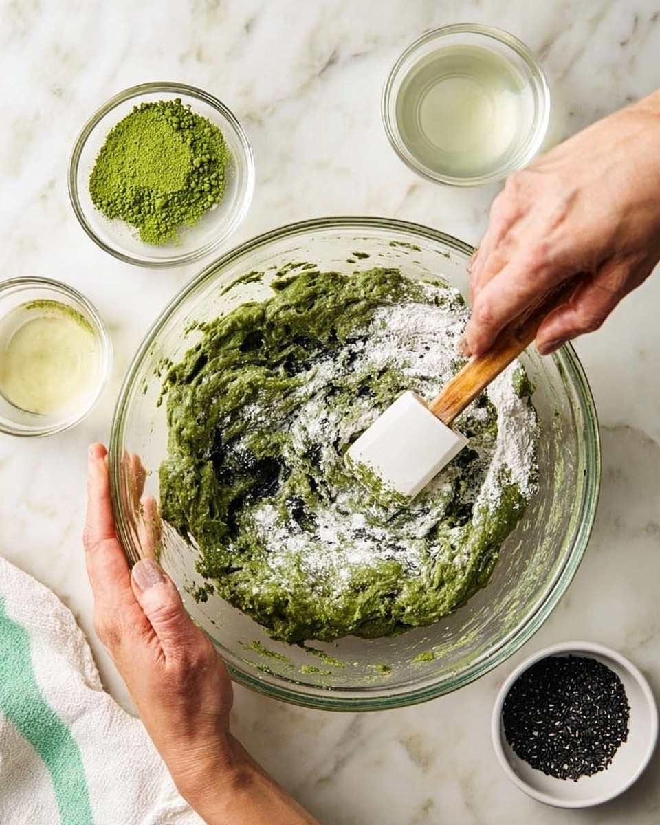 A clear glass bowl sits on a white marbled surface, filled with green dough being mixed with white powder on top. The dough has a thick, slightly sticky texture with shades of dark and bright green. A woman's hand holds a white spatula with a wooden handle stirring the dough inside the bowl from the right, while the other woman's hand steadies the bowl on the left. Around the bowl, several small glass bowls contain different ingredients: one has bright green powder, another has black seeds, and a larger white bowl holds clear liquid. A white cloth napkin with a green edge lies under the bowl on the left. Photo taken with an iphone --ar 4:5 --v 7