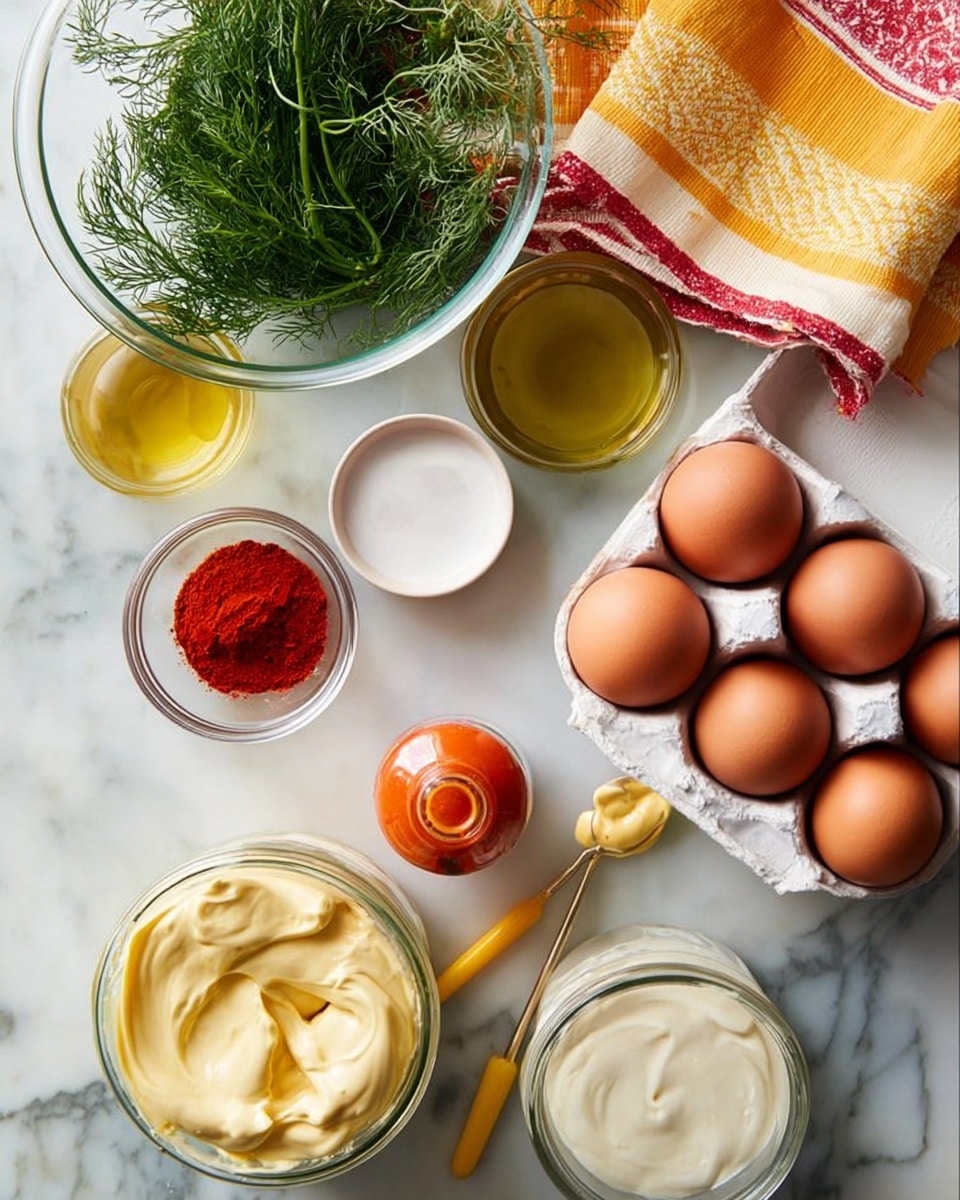 A flat lay showing a white marbled surface with various ingredients arranged neatly. In the center right, there is a white egg tray holding six brown eggs. Above it, a colorful cloth with yellow, orange, and red stripes is partly visible. At the top left, a clear glass bowl with sprigs of fresh green dill is placed. Below the dill, a small white bowl contains a golden-yellow liquid. Below that, a small clear glass bowl holds bright red paprika powder. To the right of the paprika, a small bottle of hot sauce with orange liquid is positioned. At the bottom left, a jar of pale yellow mayonnaise is open, showing its creamy texture. Nearby, a spoon holding some mustard rests on the marbled surface. On the bottom right, a clear glass jar with white creamy sauce and a yellow-handled spoon inside completes the arrangement. Photo taken with an iphone --ar 4:5 --v 7