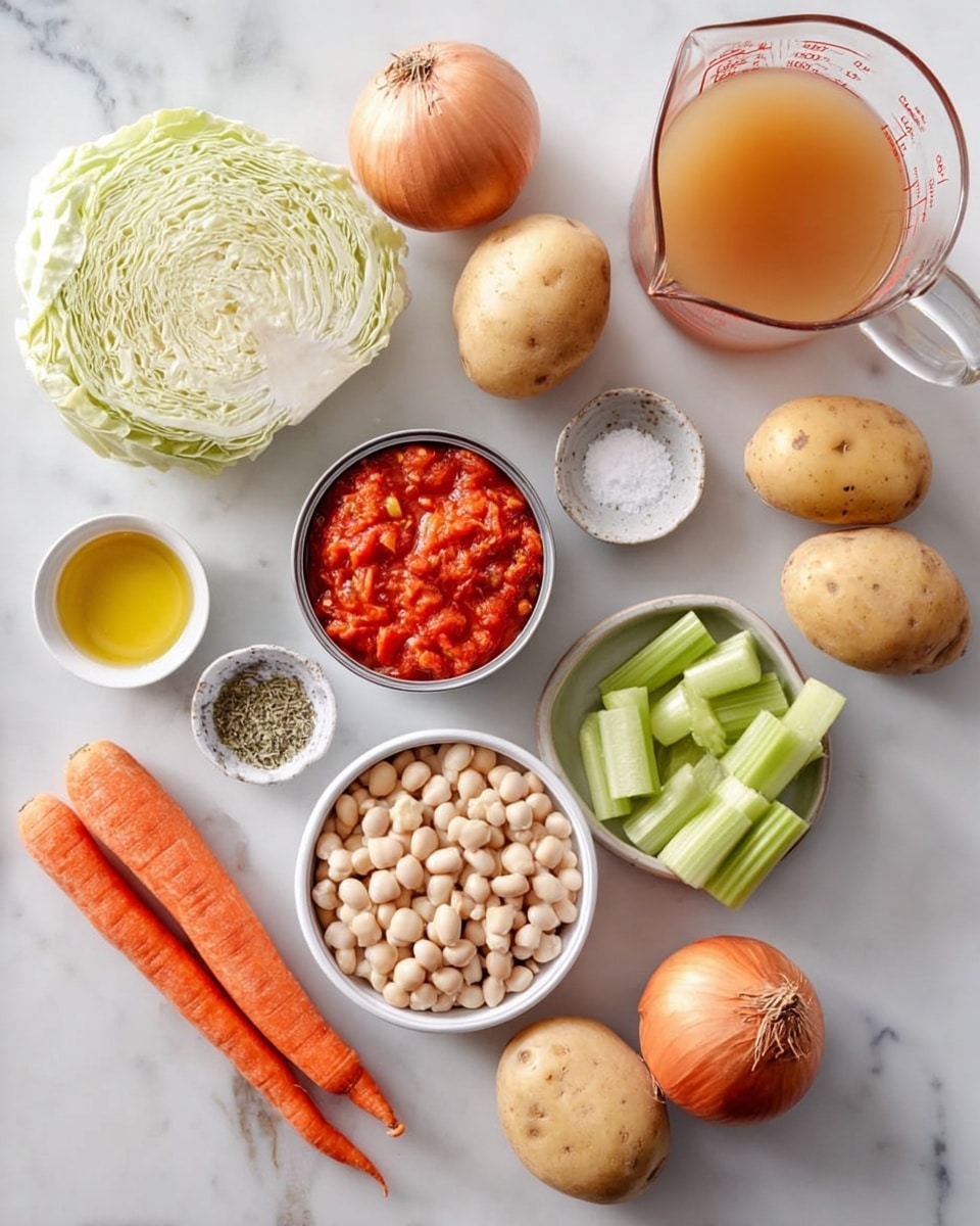 The image shows a white marbled surface with various fresh ingredients arranged neatly. There are two whole potatoes with light brown skin on the right side, next to a small cabbage with pale green leaves. Below the potatoes, there are two open cans displaying bright red crushed tomatoes. In the center is a small white bowl filled with white beans. Near the beans are three whole garlic cloves and three stalks of celery cut into chunks, placed in a small white bowl. On the left side, two fresh orange carrots lie next to a whole light brown onion. Small bowls contain salt, dried herbs, a light yellow liquid (likely oil), and a clear liquid. A glass measuring cup filled with light brown broth is at the top right. Everything is arranged in a clean, organized way on the white marbled surface photo taken with an iphone --ar 4:5 --v 7