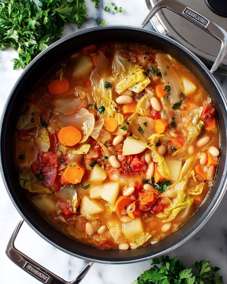 The image shows a large black pot filled with a colorful vegetable stew. The stew has several layers of ingredients including light yellow chunks of potatoes, bright orange carrot slices, bits of white cabbage, white beans with black spots, and red pieces of tomato, all mixed in a light brown broth. The pot sits on a white marbled surface with some fresh green herbs on the side. The lid of the pot, silver with black handles, is partially visible next to it. photo taken with an iphone --ar 4:5 --v 7