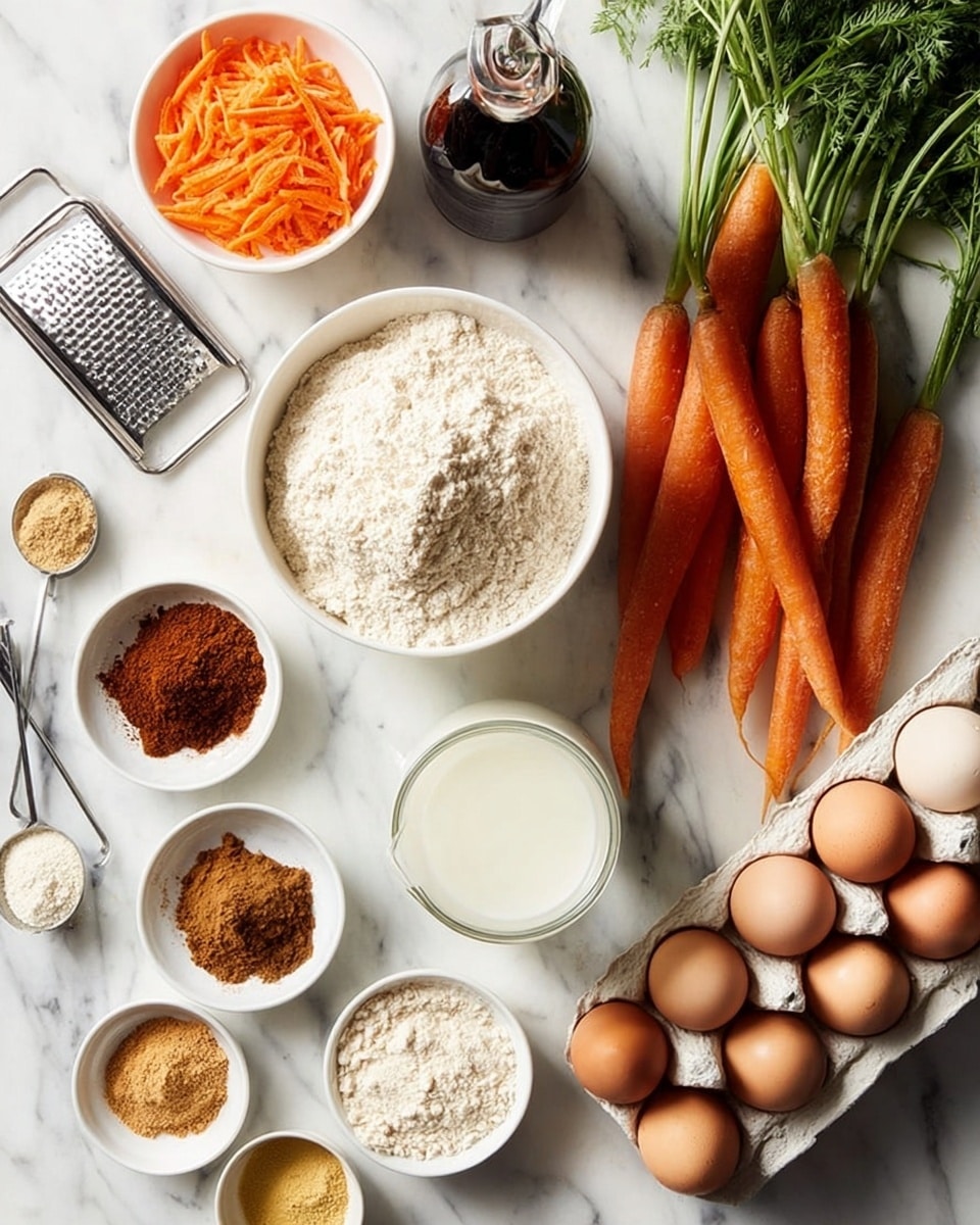 The image shows a white marbled surface topped with baking ingredients arranged neatly. There are four whole orange carrots with green leaves on the right; next to them is a small glass bottle of dark vanilla extract. Nearby are two white round bowls, one filled with light brown ground almond flour and the other with white all-purpose flour. A metal grater lies partially on the left with fresh shredded orange carrot beside it. Three white small bowls hold different spices: one with brown cinnamon powder, one with darker brown powder, and one with pale yellow ginger powder. A glass container of light milk sits near the center, and a white egg carton with five brown eggs is on the top right. A few measuring spoons with white powder and golden oil fill the left side of the frame. photo taken with an iphone --ar 4:5 --v 7