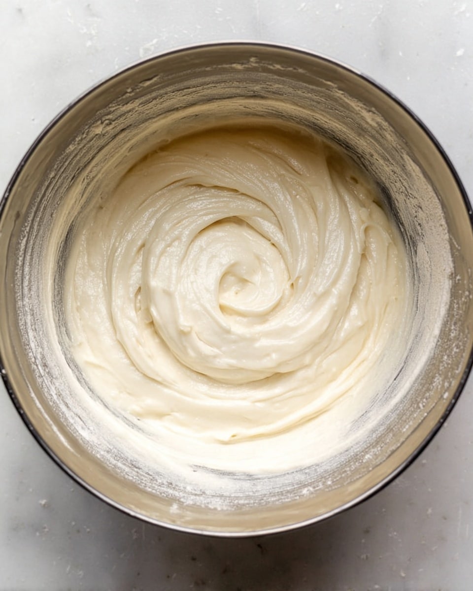 A shiny metal bowl filled with smooth, creamy white batter that is swirled inside the bowl. The edges of the bowl have some streaks of batter and a thin layer of flour dusting. The batter looks thick but soft, with a glossy and velvety texture, gently twisted in the center to form a spiral shape. The bowl sits on a white marbled surface. Photo taken with an iphone --ar 4:5 --v 7