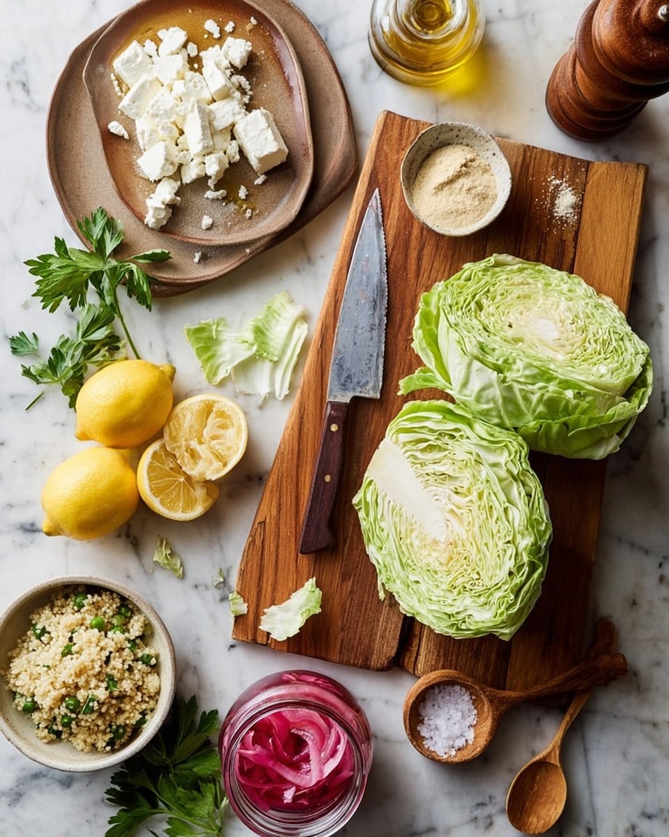 The image shows a wooden cutting board placed on a white marbled surface with fresh green cabbage cut in half, a large kitchen knife on the board, and scattered cabbage leaves around. On the left side, there is a small brown plate with white feta cheese, green parsley sprigs, and a small bowl of beige powder with a wooden spoon. Above the plate, a small bowl filled with grainy quinoa with green herbs is visible. Below, there is a glass jar containing bright pink pickled onions with a silver spoon inside. Next to the board on the marble surface, two halves of a fresh yellow lemon and another whole lemon sit near a small wooden bowl filled with coarse salt. Additionally, there is a small bottle with golden olive oil and a wooden pepper grinder on the top right corner. The items are arranged naturally, showing fresh ingredients and kitchen tools. photo taken with an iphone --ar 4:5 --v 7