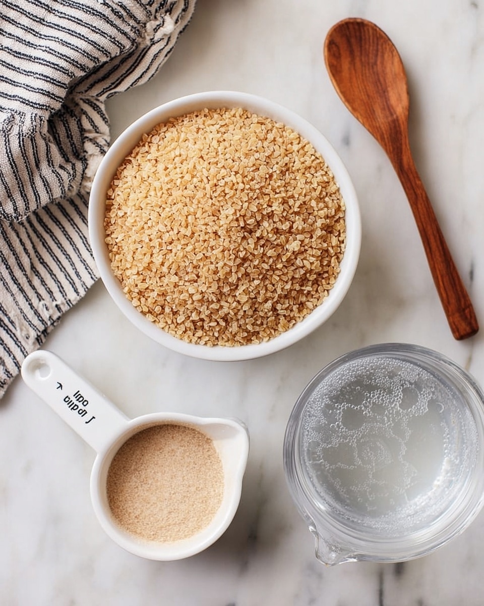 The image shows a white bowl filled with light brown, crumbly bulgur grains in the center on a white marbled surface. Below it, there is a white measuring cup labeled