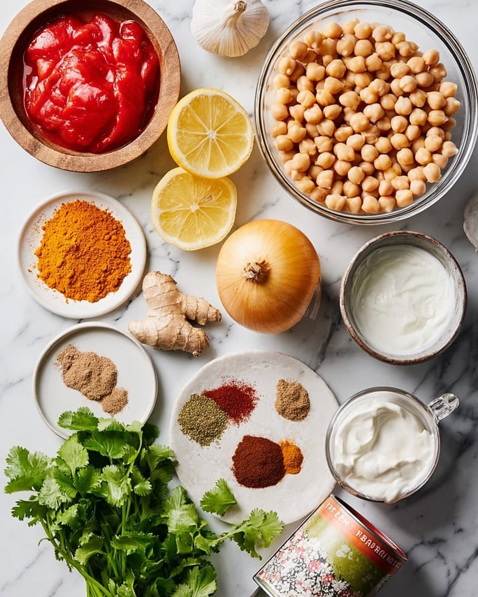 A top view of various ingredients on a white marbled surface, arranged neatly in small white bowls and plates. There is a large clear glass bowl filled with light beige chickpeas on the right side. A whole yellow onion sits next to it, with two lemon halves placed nearby showing their bright yellow color and juicy texture. On a small white plate near the bottom left, fresh ginger roots are next to a bowl filled with bright orange powder. Above, a small bowl holds light brown powder, and a white plate has three piles of spices in brown, red, and greenish colors. A small white bowl contains thick white yogurt on the upper right. A bunch of fresh green cilantro lies in the center with a round wooden bowl filled with brown powder next to it. At the top, a small white bowl has peeled garlic cloves, while a can with a partially open lid shows whole red tomatoes inside. Photo taken with an iphone --ar 4:5 --v 7