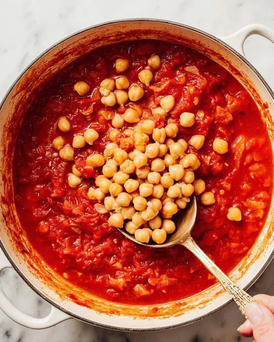 A close-up view of a large white cast iron pot filled with bright red tomato sauce mixed with small chunks of onions and tomatoes. Over the thick sauce, a spoon is placing a pile of light tan chickpeas, their smooth round shapes standing out against the sauce. A woman's hand holds the spoon, adding motion and life to the scene. The pot rests on a white marbled surface, with some red sauce stains around the rim of the pot showing the cooking process. photo taken with an iphone --ar 4:5 --v 7