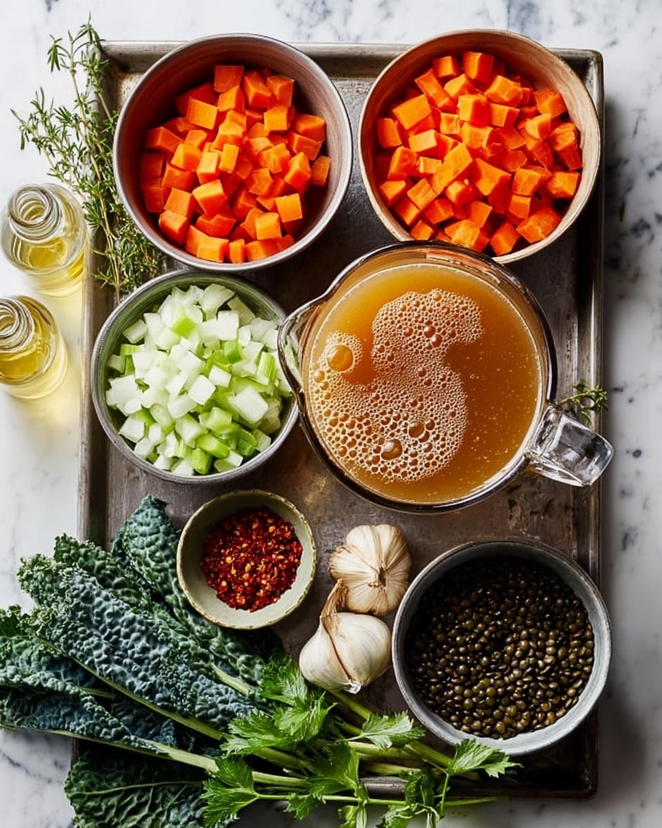 This image shows a metal tray with several bowls and ingredients arranged neatly on a white marbled surface. There are five bowls: one filled with diced carrots (bright orange pieces), one with chopped onions (small white cubes), one with chopped celery (small green pieces), one with dark green lentils, and one with a small amount of red chili flakes. In the middle is a glass measuring cup with light brown broth that has some bubbles on the surface. On the tray, next to the bowls, are garlic cloves, fresh dark green leafy kale, and sprigs of fresh green herbs. Also placed on the tray are small bottles, one with a light yellow liquid and another with a clear liquid. The overall setup is clean and colorful, with a simple and fresh look. photo taken with an iphone --ar 4:5 --v 7