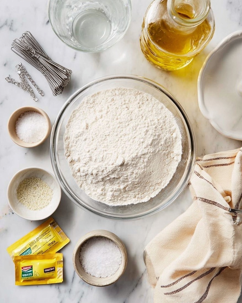 The image shows a close-up of baking ingredients arranged on a white marbled surface, centered around a large clear glass bowl filled with a fine, white flour. To the left of the bowl are small metal measuring spoons stacked and two small ceramic bowls, one with coarse salt and another with granulated sugar. Below these are two small yellow packets of yeast and a clear glass measuring cup containing water. Above the bowls sits a clear glass bottle filled with golden yellow olive oil. A beige and cream striped cloth is casually placed on the right side near the white rimmed dish visible at the edge. The scene is bright and clean, highlighting the textures of each ingredient. photo taken with an iphone --ar 4:5 --v 7