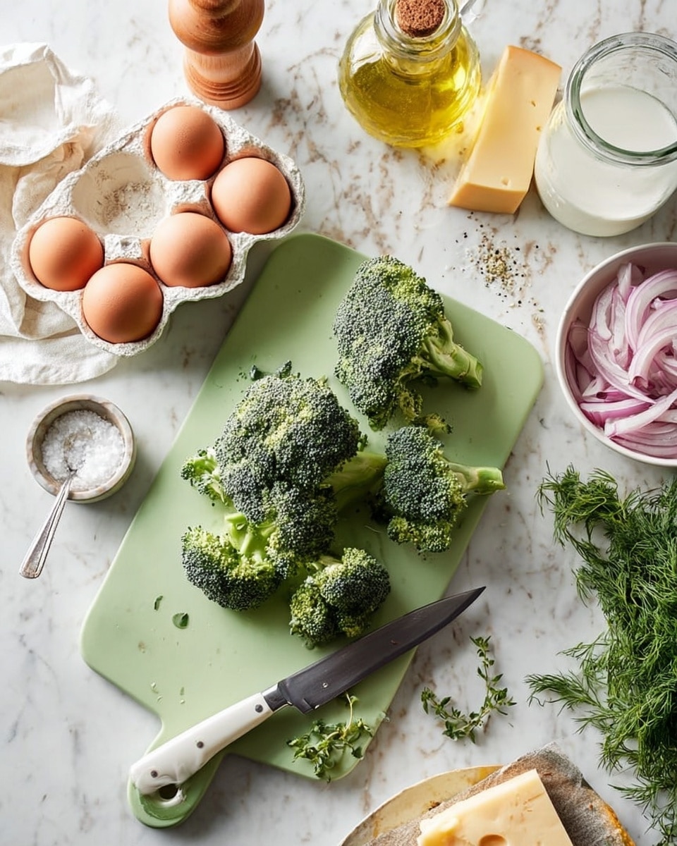 The image shows a light green cutting board placed on a white marbled surface. On the board, there are several pieces of fresh broccoli with a knife that has a white handle resting among them. Around the cutting board, there is a white egg carton holding four brown eggs and one loose brown egg next to a glass bottle of olive oil. Nearby, a small white bowl contains coarse salt, and there are some fresh herbs scattered next to a wooden pepper mill. A white bowl filled with sliced light purple onions and a block of pale yellow cheese are visible in the upper right corner, alongside a glass jar of milk. The colors are fresh and natural, with green, white, yellow, and purple tones. photo taken with an iphone --ar 4:5 --v 7