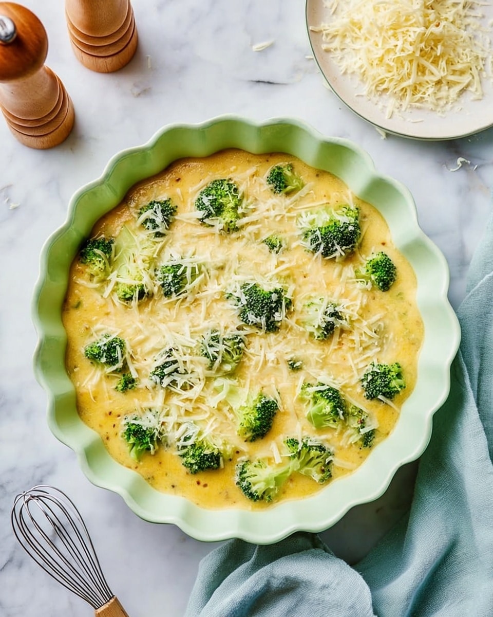 A light green scalloped ceramic bowl sits on a white marbled surface filled with a creamy yellow mixture that looks like an egg base. Mixed inside are bright green broccoli florets and finely shredded white cheese scattered evenly across the surface. Around the bowl, a small white plate holds more shredded cheese, while nearby are a wooden pepper grinder and a metal whisk with a wooden handle. A pale blue cloth is slightly draped beside the bowl. The overall look is fresh and ready for baking. photo taken with an iphone --ar 4:5 --v 7