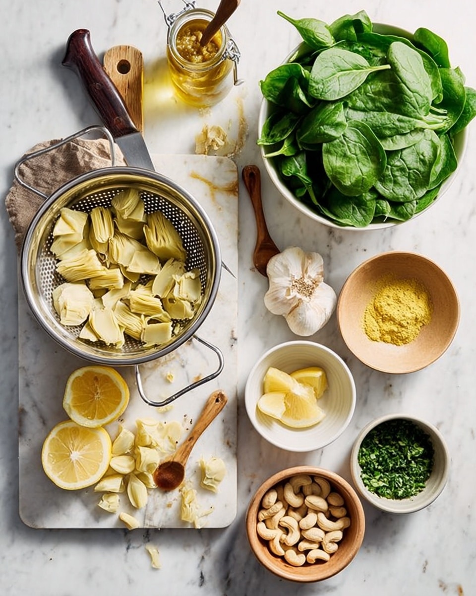 The image shows a white marbled surface with various food ingredients arranged neatly. On the left, there is a silver colander filled with pale yellow artichoke pieces on top of a white cutting board with extra artichoke pieces and a knife with a dark brown wooden handle. Above the colander, there is an open jar of mustard with a small wooden spoon inside and a glass bottle of olive oil. To the right, a large white bowl is filled with fresh bright green spinach leaves. Below the spinach, there are two lemon halves with a bright yellow color. To the bottom right, a light brown bowl contains a yellow powder with a small wooden spoon, next to a garlic bulb and a smaller white bowl filled with chopped green herbs. Near the bottom center, another light brown bowl holds a pile of whole cashew nuts. photo taken with an iphone --ar 4:5 --v 7