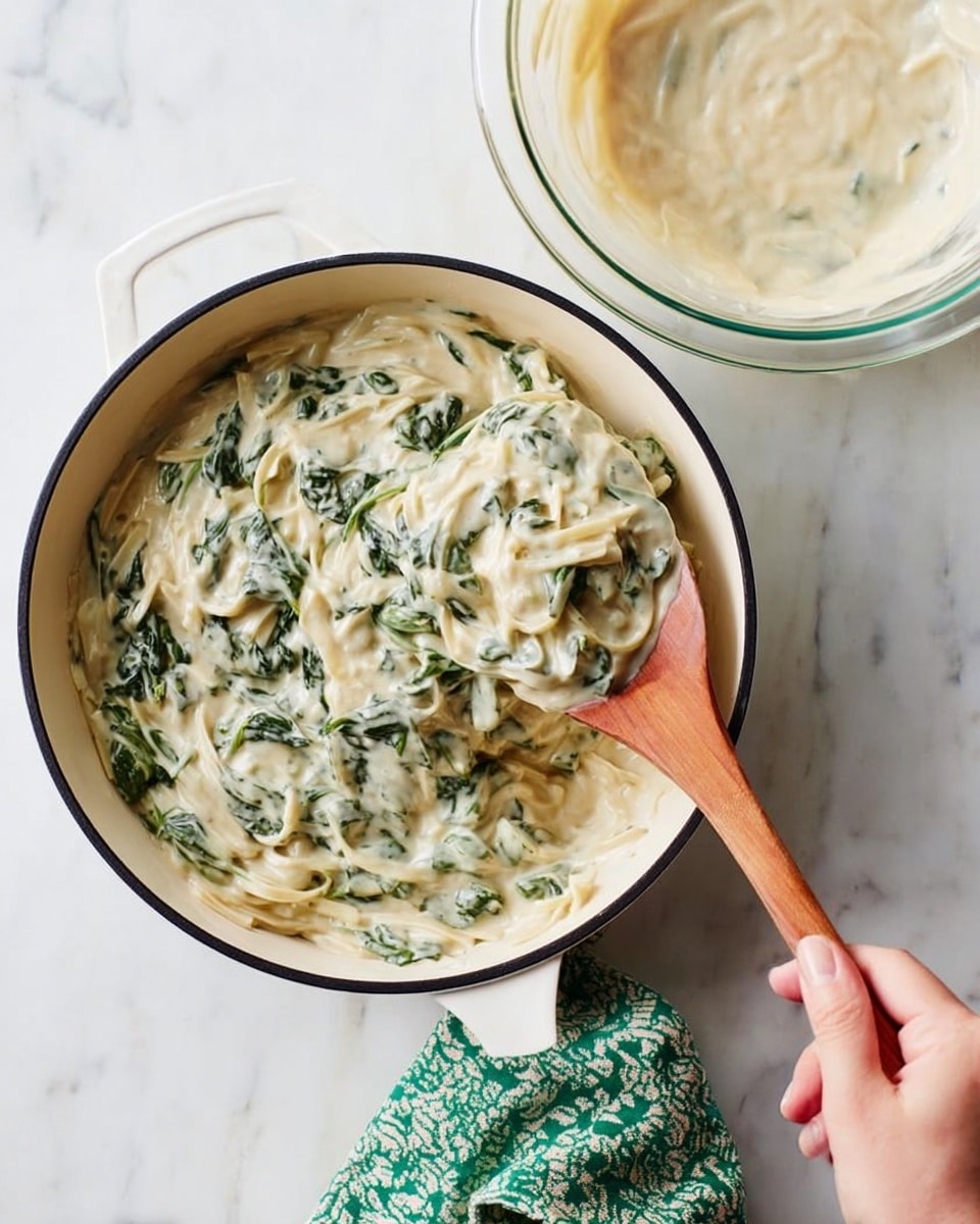 A white pan with a black rim sits on a white marbled surface, filled with a thick creamy sauce that has visible green spinach leaves and pasta pieces mixed inside. A wooden spoon is scooping the creamy mixture, held by a woman's hand at the bottom right corner. The mixture looks smooth and rich, with the pasta and spinach giving it texture and color contrast. Next to the pan, a clear glass bowl contains more of the creamy sauce, partially tilted in preparation to pour. A green and white patterned cloth is beneath the pan handle. Photo taken with an iphone --ar 4:5 --v 7