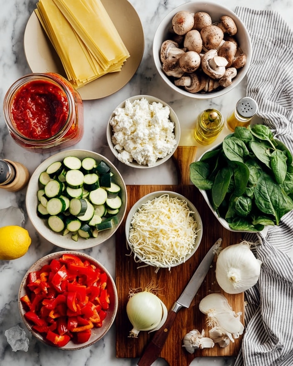 The image shows ingredients for a dish arranged on a white marbled surface. There are several layers of items: a white bowl filled with whole brown mushrooms sits top right, next to a bunch of fresh spinach leaves. Below are two white bowls, one filled with white ricotta cheese and the other with shredded mozzarella cheese. In the center, a wooden cutting board holds chopped green zucchini pieces, a halved white onion with a knife beside it, and a garlic bulb. To the left of the board, a beige plate holds three uncooked lasagna noodles, and a jar of red tomato sauce stands behind it. Next to the jar is a white bowl filled with bright red chopped bell peppers. A lemon, a glass bottle of olive oil, and a pepper grinder complete the scene, all set on a white marbled surface. A woman's hand is visible near a striped kitchen towel. Photo taken with an iphone --ar 4:5 --v 7