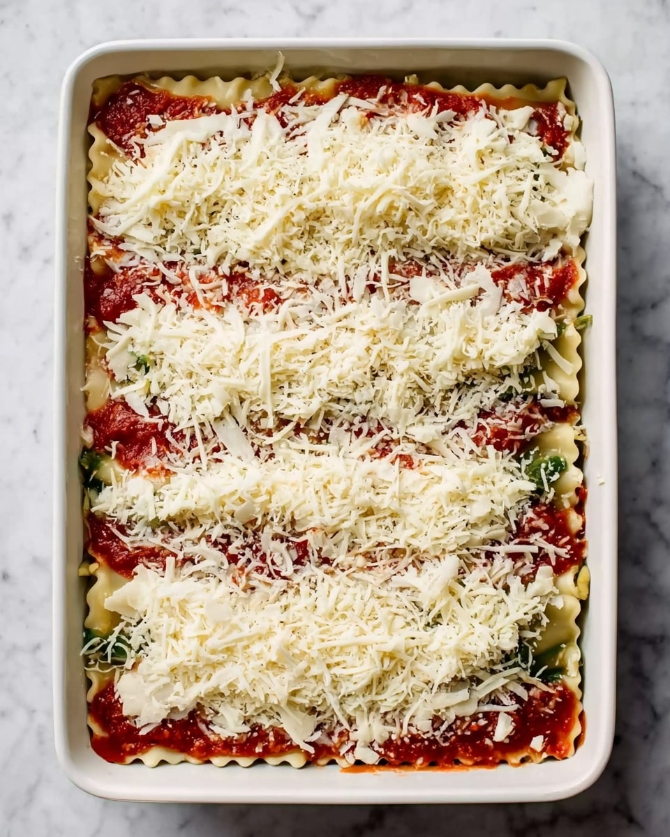 A white rectangular baking dish filled with an unbaked layered lasagna. The bottom layer is pasta sheets, topped with a red tomato sauce layer, then a visible layer of green vegetables, another layer of pasta sheets, more tomato sauce, and a thick final layer of shredded white cheese evenly spread across the top. The dish is placed on a white marbled surface. photo taken with an iphone --ar 4:5 --v 7