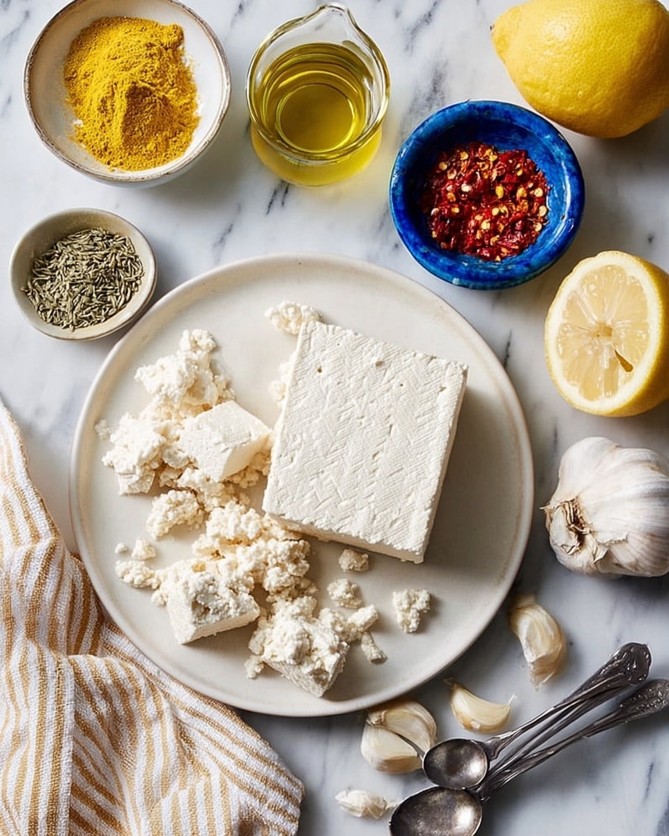 A white plate shows one large block of crumbly white tofu with some pieces broken off in front of it, placed on a white marbled surface. Around the plate, there is a small blue bowl filled with bright yellow powder, a smaller blue bowl with red chili flakes, a glass container with light golden oil, a whole lemon, a whole garlic bulb with some separated cloves, and metal measuring spoons with dried green herbs. A beige striped cloth is partly visible at the bottom left. photo taken with an iphone --ar 4:5 --v 7