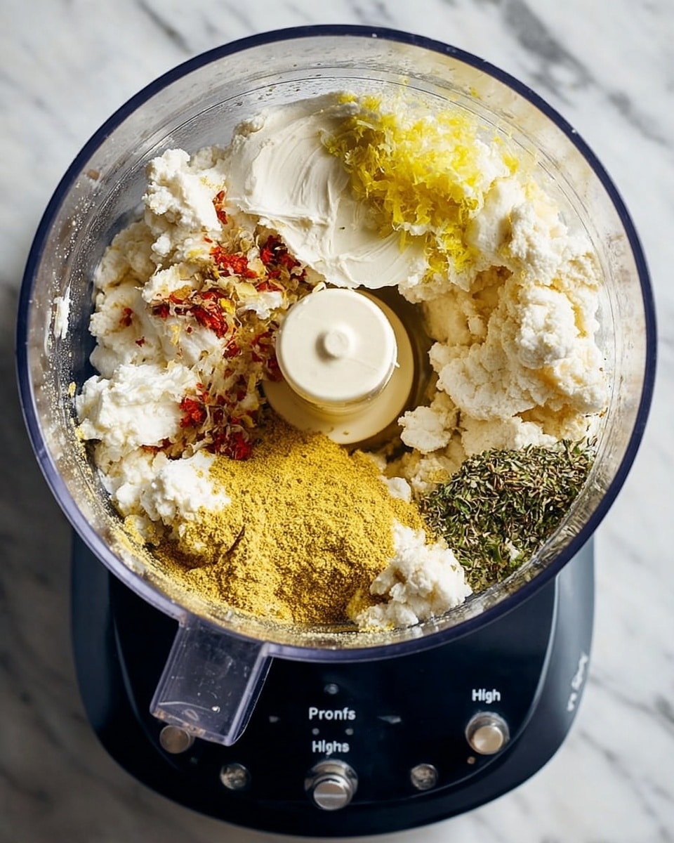 Inside a clear food processor bowl, there are several layers of ingredients: a large base of white soft crumbled tofu placed unevenly all around, topped with a bright yellow powder on the left side, pale yellow lemon zest on the upper right, small green dried herbs scattered nearby, and tiny red chili flakes resting on top near the bottom. To the upper left is a dollop of smooth white paste or sauce, and some oil glistens within the mix, mostly around the sides. The clear bowl sits on a dark base with control buttons labeled