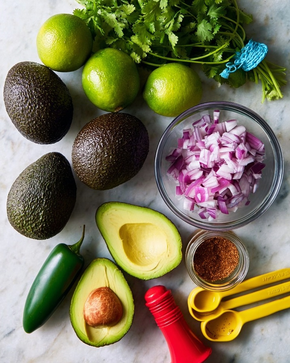 Best Guacamole Recipe 4 The image shows fresh ingredients for making guacamole arranged on a white marbled surface. There are two whole dark-green avocados with rough skin, one avocado cut in half showing its light green flesh and brown seed, and one half with the seed removed revealing a hollow. Two whole bright green limes are placed near a small bunch of fresh cilantro with green leaves tied with a blue band. A single dark green jalapeno pepper lies next to a glass jar filled halfway with ground brown spice. To the right, there is a clear glass bowl filled with finely chopped purple-red onion. Below it, four yellow measuring spoons are nested together on the surface, one holding a reddish spice. Finally, a bright red plastic lime squeezer rests near the avocados. Photo taken with an iphone --ar 4:5 --v 7