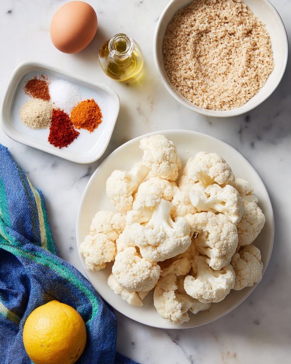 A white plate filled with many light ivory cauliflower florets is placed on a white marbled surface. Above the plate, there is a white bowl filled with light brown breadcrumbs with a coarse texture. To the left of the bowl, there is a small white dish holding three different ground spices in separate piles: a red spice, an orange-brown spice, and a white powder. Nearby, a whole brown egg, a whole yellow lemon, and a small clear glass bottle of light golden oil are placed on the surface. A blue cloth with green stripes is partially visible on the left side. Photo taken with an iphone --ar 4:5 --v 7
