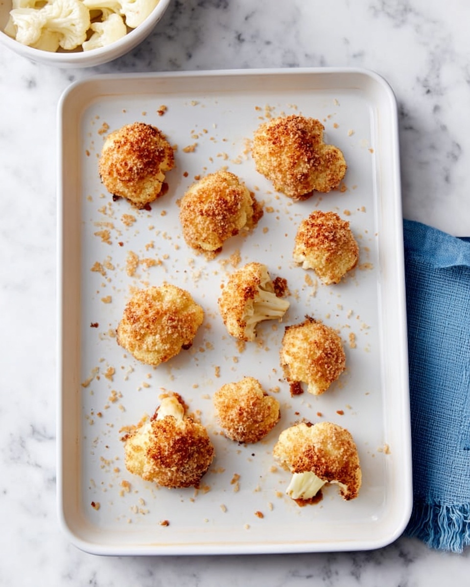 The image shows a white baking tray on a white marble surface with nine small pieces of cauliflower evenly spaced on the tray. Each cauliflower piece is coated with a crumbly golden-brown crust, showing a crispy texture. Crumbs are scattered lightly around the pieces on the tray, giving a slightly messy look. The cauliflower pieces vary slightly in size and shape but all are coated thickly with the crust. In the top left corner of the image, there is a glimpse of a white bowl with raw cauliflower pieces and a blue cloth napkin nearby. The whole scene is bright and clean with a simple, fresh appearance. photo taken with an iphone --ar 4:5 --v 7