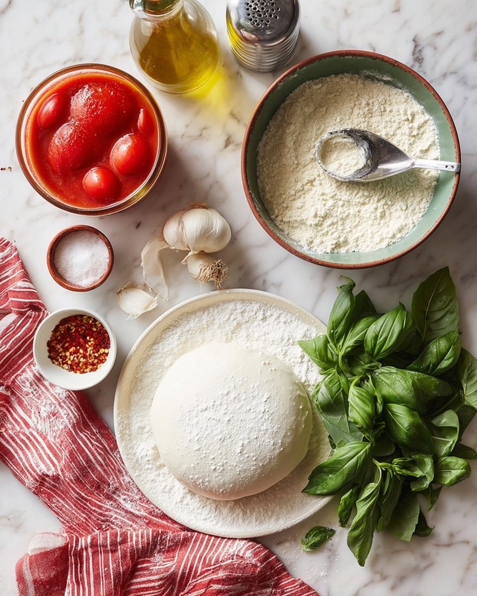 On a white marbled surface, a round white floured dough sits on a white plate dusted with flour as the bottom layer. To the right, fresh green basil leaves form a thick middle layer next to a smooth, white mozzarella ball in a white bowl. Above, a dark bowl holds pale yellow flour with a silver scoop resting inside, creating a grainy texture layer. To the left, a glass container full of red whole peeled tomatoes in juice adds a shiny, smooth pop of color. Garlic cloves and a small white bowl of crushed red pepper flakes add texture and color at the top near a metal shaker and a clear olive oil bottle with a cork stopper. A red and white striped cloth lies partially under the white ingredients, creating a cozy kitchen feel. Photo taken with an iphone --ar 4:5 --v 7