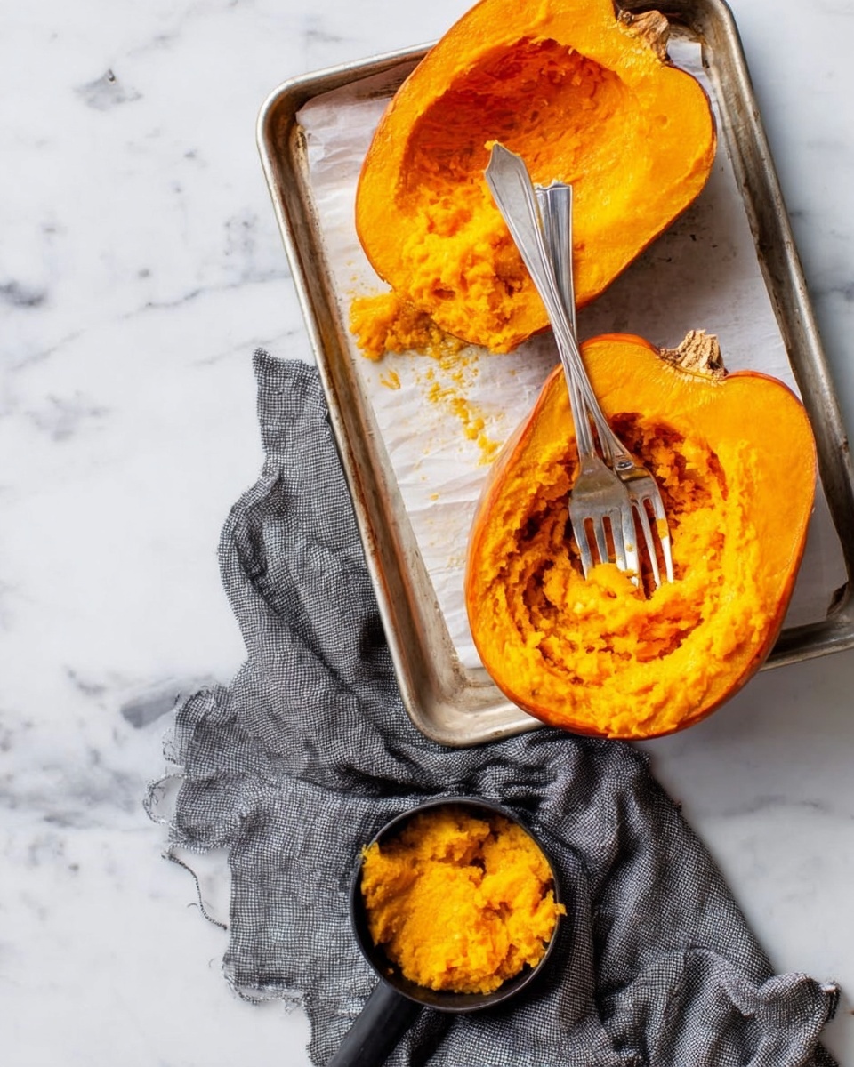 Creamy Roasted Pumpkin Soup with Coconut Milk and Warm Spices Recipe 5 The image shows a large, cooked pumpkin placed on a silver baking tray lined with parchment paper on a white marbled surface. The pumpkin is halved, with one half partially scooped out using two silver forks resting inside it, exposing its bright orange, soft, and mashed flesh. Next to the tray, a black measuring cup filled with the same orange pumpkin mash sits on the white marbled surface. A gray cloth is casually draped near the tray, adding texture to the scene. Photo taken with an iphone --ar 4:5 --v 7