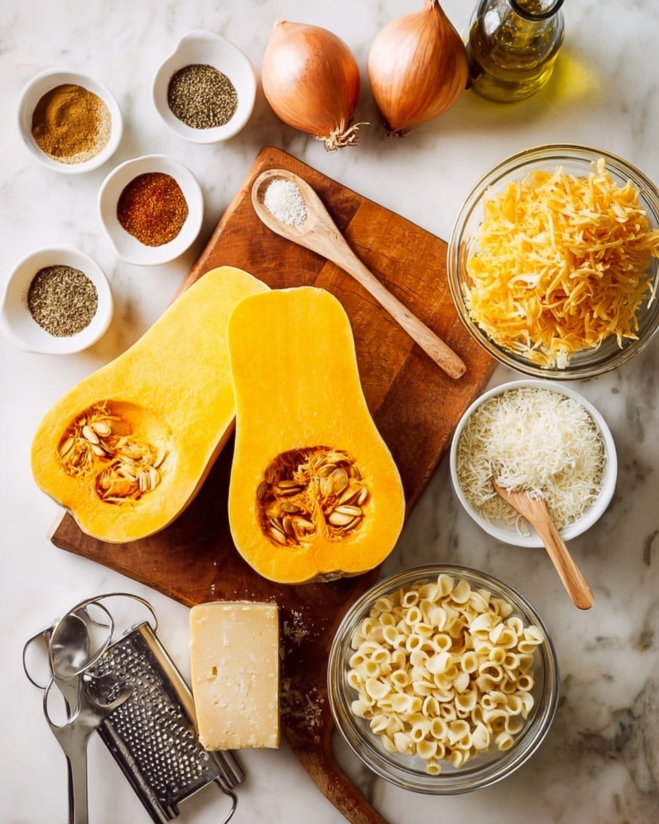 The image shows a cooking setup on a white marbled surface, featuring a wooden cutting board with two halves of a yellow butternut squash placed side by side, seeds visible in the center. To the right, there are clear glass bowls filled with uncooked shell pasta, shredded white cheese, and shredded orange cheese. Above the squash, two shallots and a small bottle of olive oil sit close to a small white bowl holding grated Parmesan cheese with a wooden spoon resting inside. On the left side of the board, there are two round white dishes containing different spices and a rectangular metal grater with shredded cheese pieces scattered around. A stack of measuring spoons lies nearby. Photo taken with an iphone --ar 4:5 --v 7