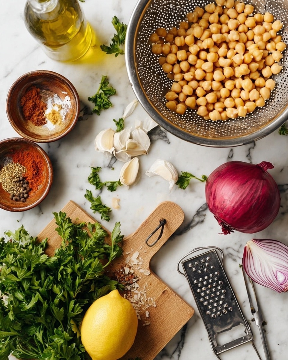 The image shows cooking ingredients arranged on a white marbled surface. On the top right, there is a silver colander filled with round, light golden chickpeas. Below it, there is a wooden cutting board with a bright yellow lemon, a bunch of green parsley, a couple of halved red onions with white insides, and a metal grater. To the left, there are small brown bowls, one with a mix of vibrant red and brown spices, and another holding garlic cloves. A glass bottle with pale yellow olive oil sits at the top left. Some loose parsley leaves and garlic cloves are scattered around, with metal measuring spoons placed near the bottom right. photo taken with an iphone --ar 4:5 --v 7