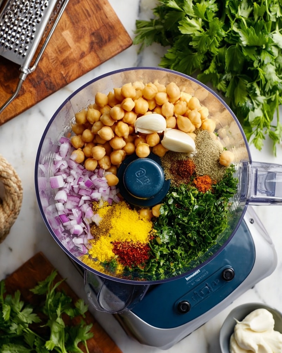A clear food processor bowl filled with several distinct layers of ingredients: pale yellow chickpeas cover half the bowl, topped with three whole garlic cloves on the right, with a sprinkle of ground cumin and salt nearby; bright green fresh parsley fills the bottom left quarter, while pale purple diced onions are placed on the top left side. In the center, there are vivid yellow lemon zest shavings and bright red paprika. The food processor sits on a blue control base on a white marbled surface, with a wooden board holding green leafy parsley and a grater in the background, and a small white dish with creamy white dollops nearby. Photo taken with an iphone --ar 4:5 --v 7