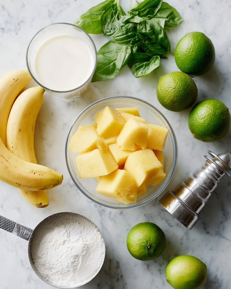 Creamy Mango Banana Smoothie with Lime and Mint Recipe 4 A bowl full of yellow frozen mango chunks sits near the center of the white marbled surface. To its left, two whole bananas lay side by side, one ripe yellow and one peeled to reveal the creamy inside. Above the bananas, a clear cup holds a creamy white liquid. Fresh green basil leaves spread above the cup, leading to two whole green limes and one half lime, all placed near a silver metal lime squeezer to the right. Below the bowl and bananas, a metal measuring cup is filled with white powder. The scene is bright and clean, with fresh ingredients spread naturally. Photo taken with an iphone --ar 4:5 --v 7