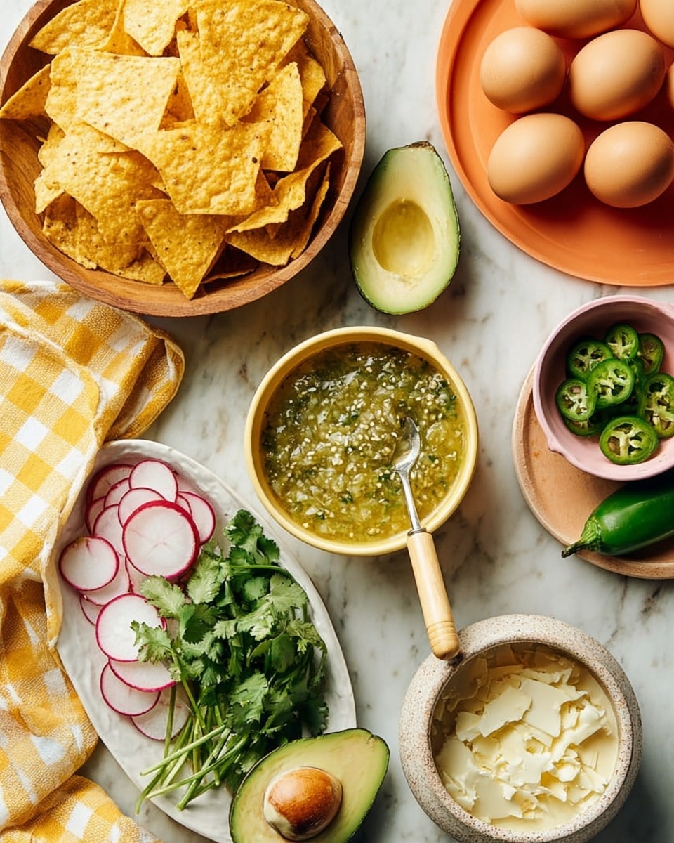 Quick and Delicious Chilaquiles with Fried Eggs and Fresh Toppings Recipe 4 A wooden bowl filled with crisp yellow tortilla chips sits on the top left of a white marbled surface, next to a yellow and white checkered cloth. Below, a white oval plate holds a green salsa with visible seeds and herbs in a light yellow bowl with a silver spoon that has a beige handle in it. Around the bowl are thinly sliced radish and cucumber, a bunch of fresh cilantro, and two avocado halves, one with the seed and one without. To the top right, four brown eggs and a small pink bowl of sliced green jalapeños rest on a round orange tray. On the bottom right, a beige speckled bowl with white cheese and a smaller bowl inside it with creamy pale green sauce have wooden-handled spoons inside. Photo taken with an iphone --ar 4:5 --v 7
