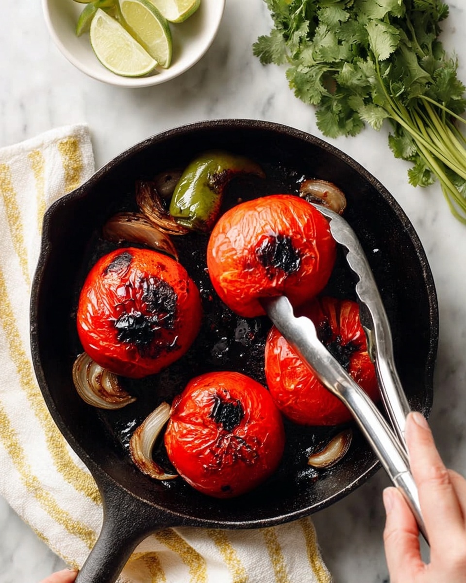 Easy Homemade Salsa Roja Recipe 5 In a black cast iron pan, there are five bright red tomatoes with black char marks on their skin, showing a roasted look. Alongside them, there are browned, slightly soft onion pieces and one green chili pepper. A woman's hand holding silver tongs is lifting one tomato. The pan sits on a white marbled surface with a white and yellow striped cloth underneath the pan handle. Nearby, there is a bunch of fresh green cilantro and sliced lime wedges in a white bowl. Photo taken with an iphone --ar 4:5 --v 7
