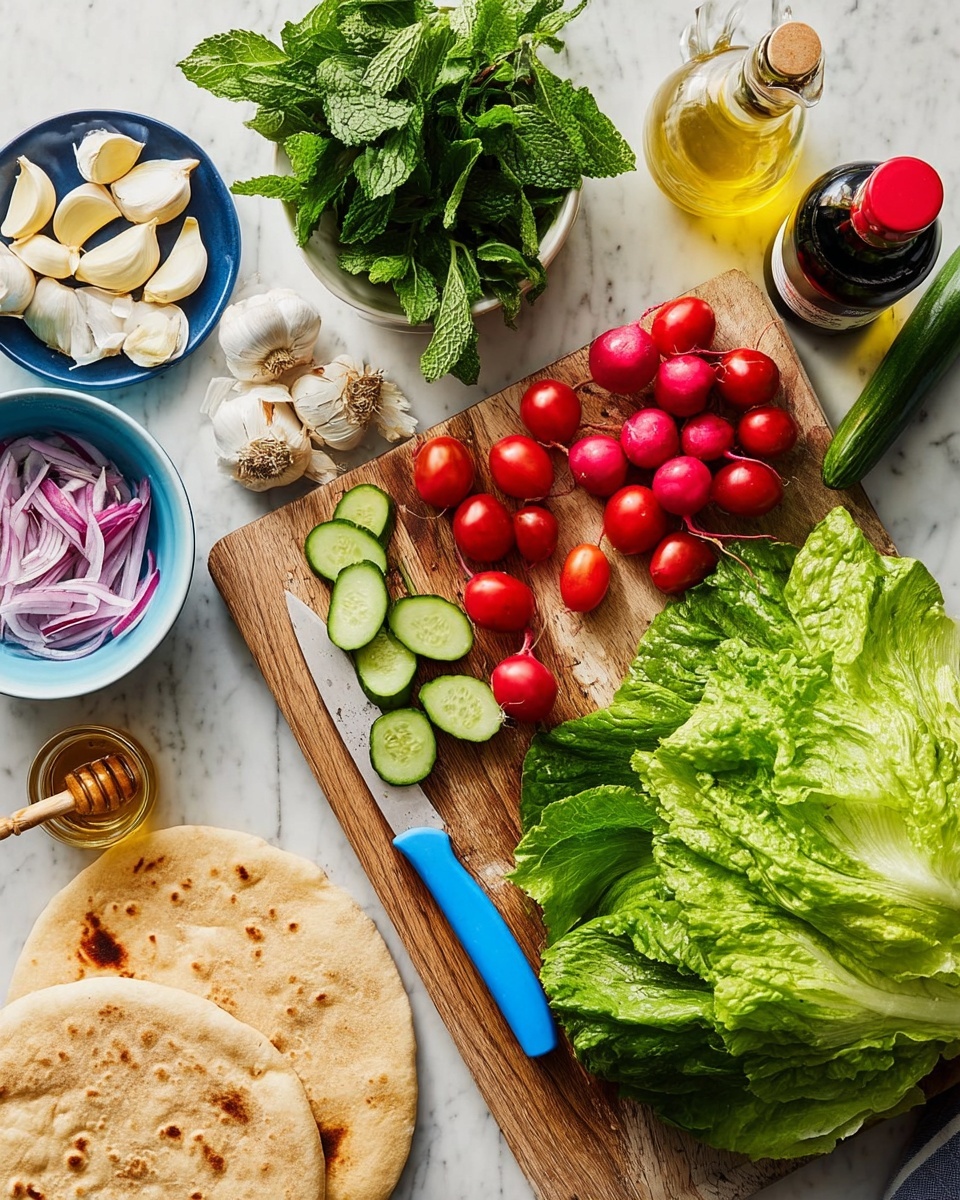 Fattoush Salad Recipe 4 A wooden board sits on a white marbled surface filled with fresh ingredients: a large green romaine lettuce on the right, a white bowl of bright red cherry tomatoes near the center, and three radishes with green tops just below it. Two small cucumbers are sliced into thin round green pieces, with a blue-handled knife lying among them with the blade pointing towards the top left. On the top left, a small blue bowl holds several garlic cloves, next to which is a bunch of fresh mint leaves. Thin purple onion slices are in a white bowl at the top center, behind a bottle of golden olive oil and a dark glass bottle with a red cap on the right. Near the bottom left are two large pieces of round pita bread, and a small container of honey with a wooden dipper rests to the left of the pita. The whole scene is bright with natural light and a clean, organized look photo taken with an iphone --ar 4:5 --v 7